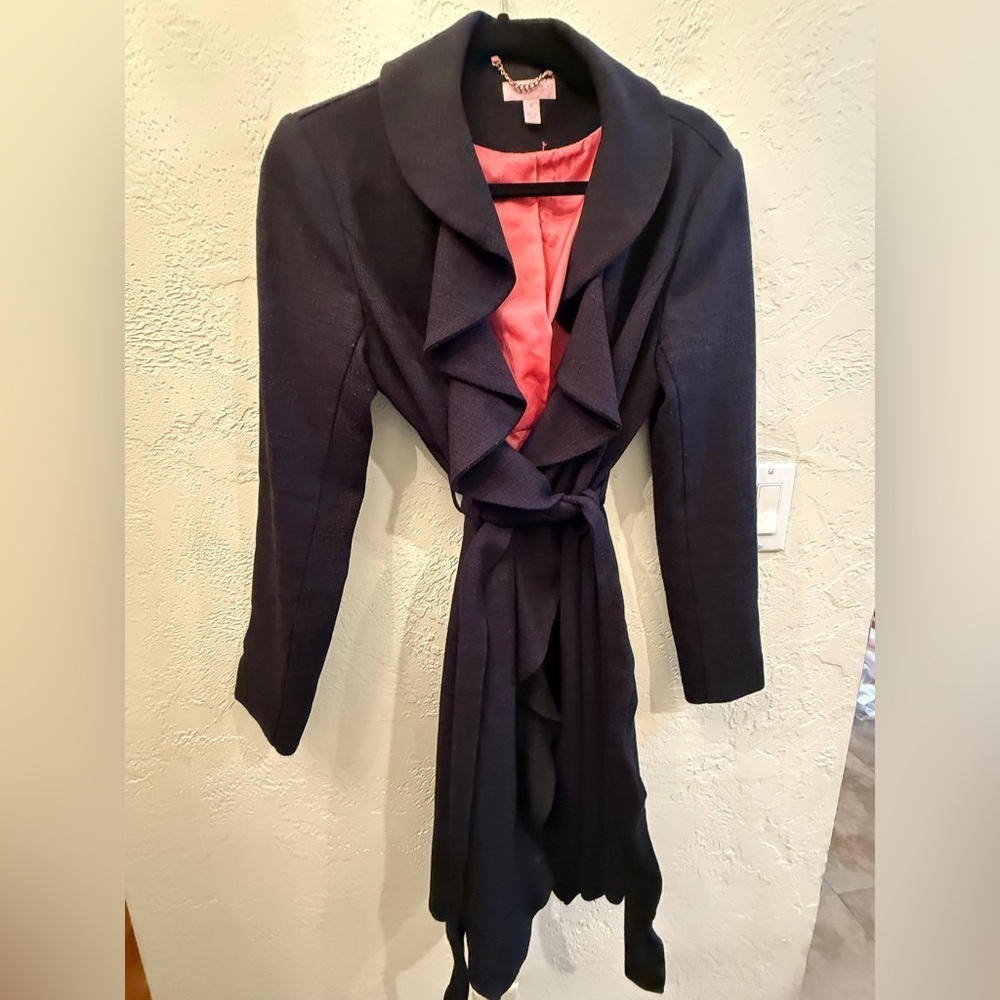 Lilly Pulitzer Ruffle Black Trench Coat with Pink Lining